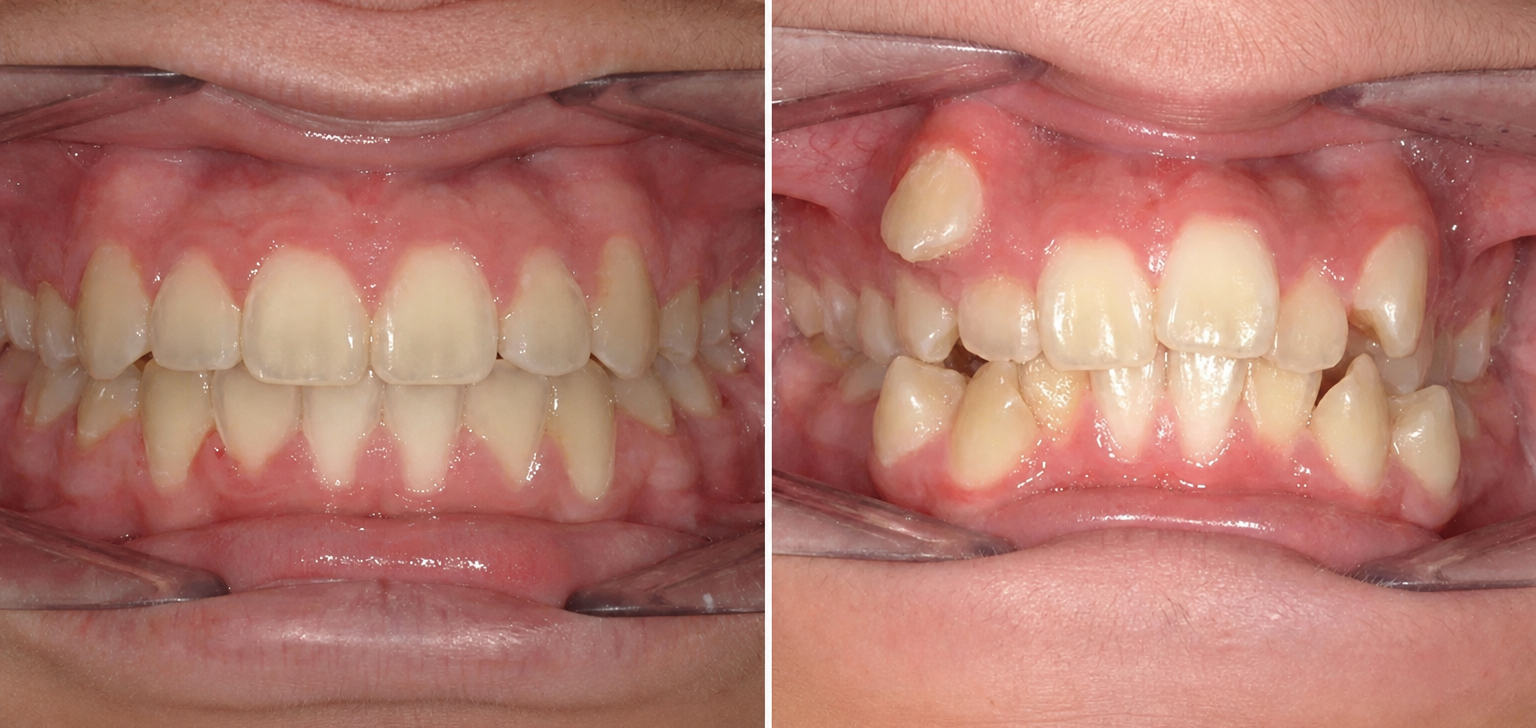 Antes e depois do alinhamento de dentes tortos e sobrepostos com o Método PhD